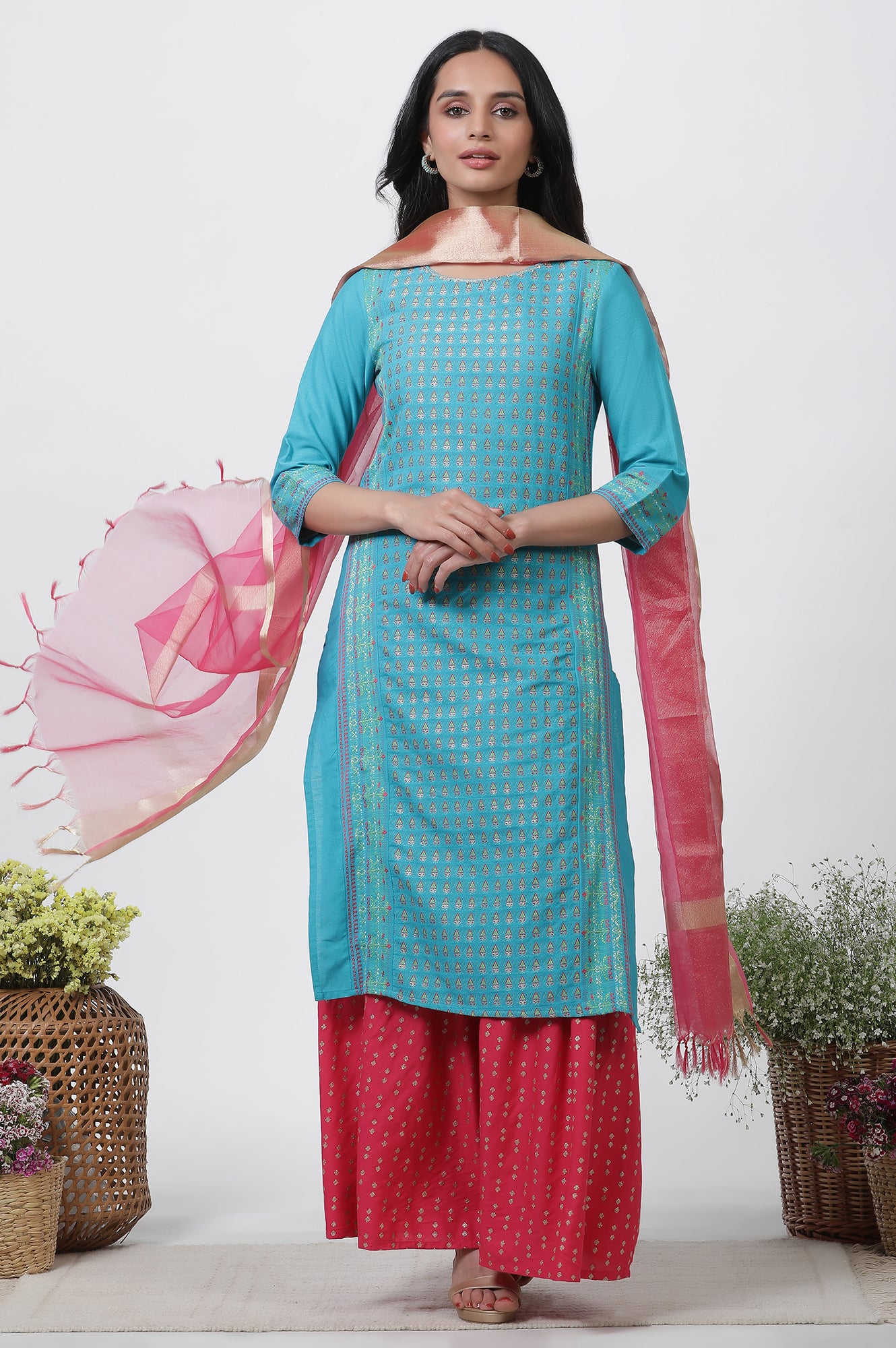 Blue Dobby Kurta, Sharara And Dupatta Set