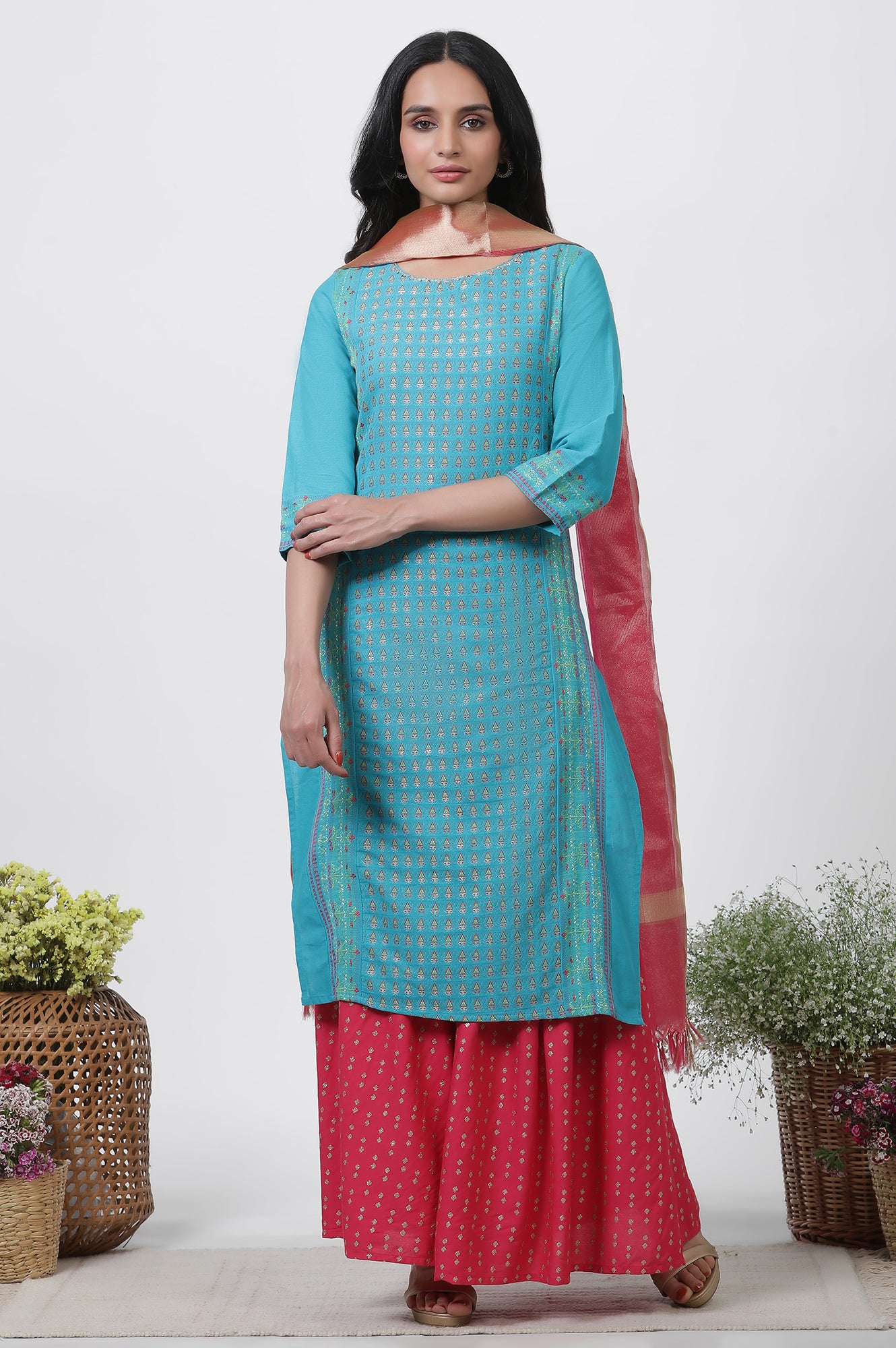 Blue Dobby Kurta, Sharara And Dupatta Set