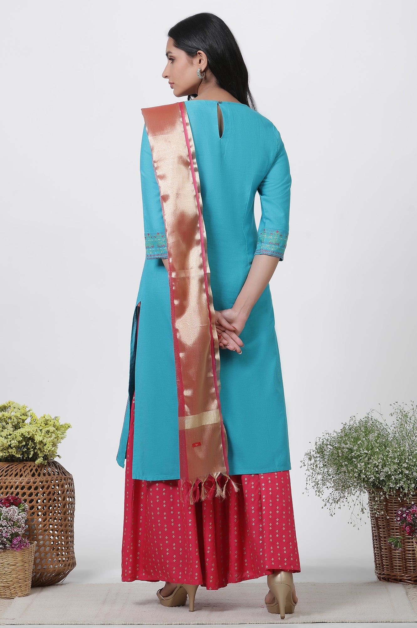 Blue Dobby Kurta, Sharara And Dupatta Set