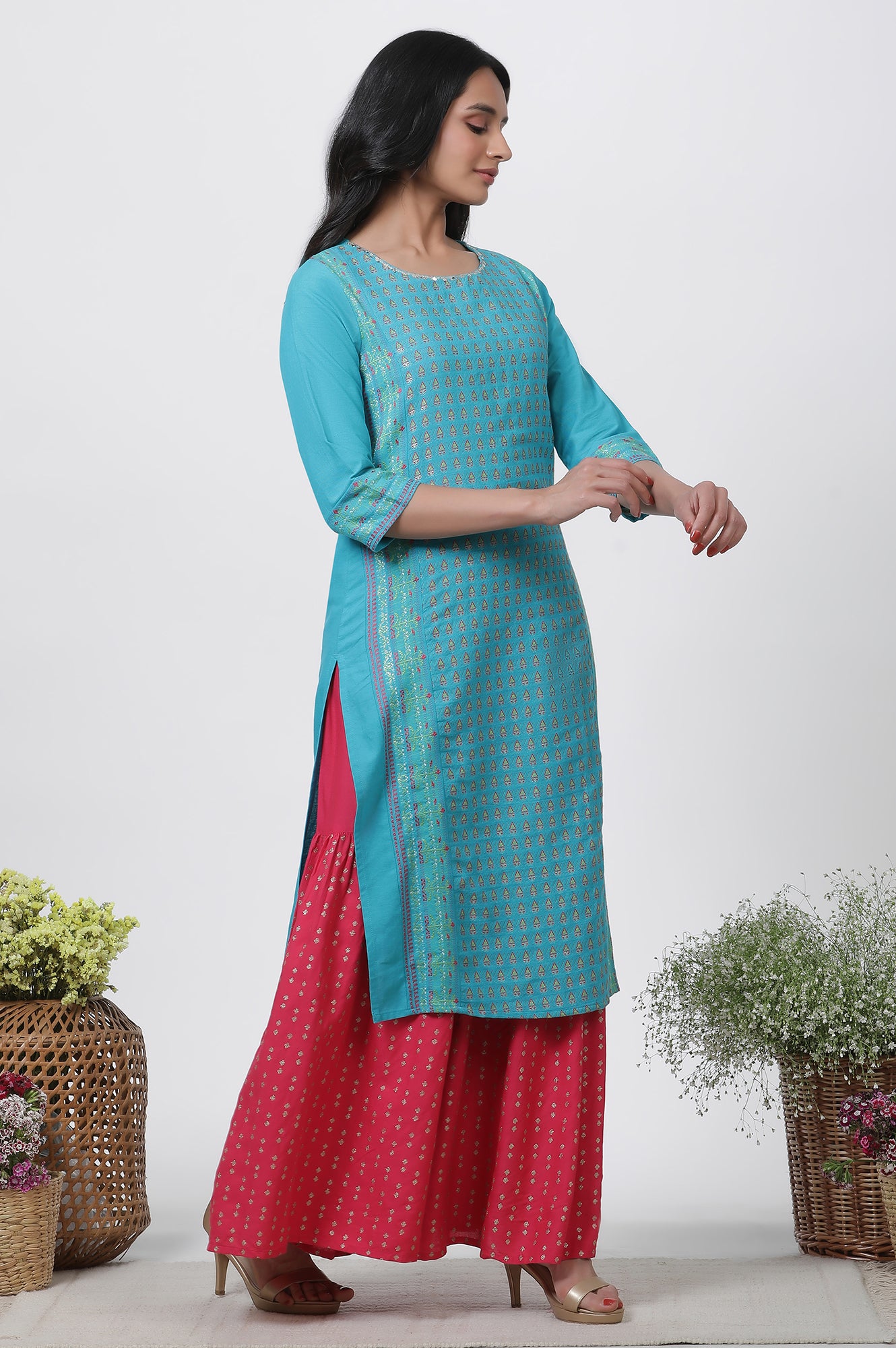 Blue Dobby Kurta, Sharara And Dupatta Set