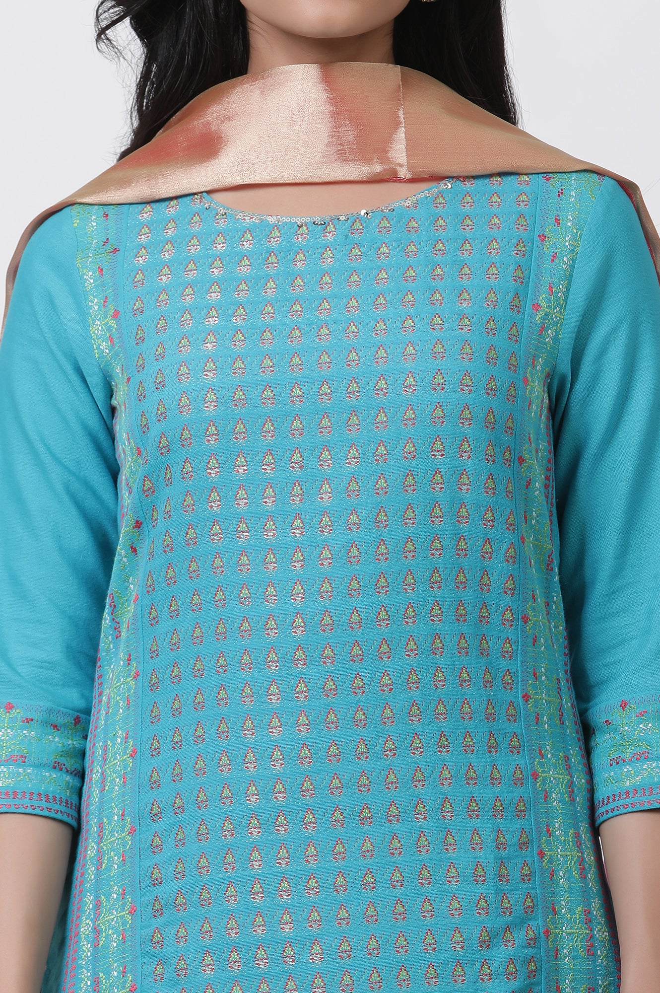 Blue Dobby Kurta, Sharara And Dupatta Set