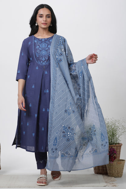 Blue Printed Cotton Kurta, Pants And Dupatta Set