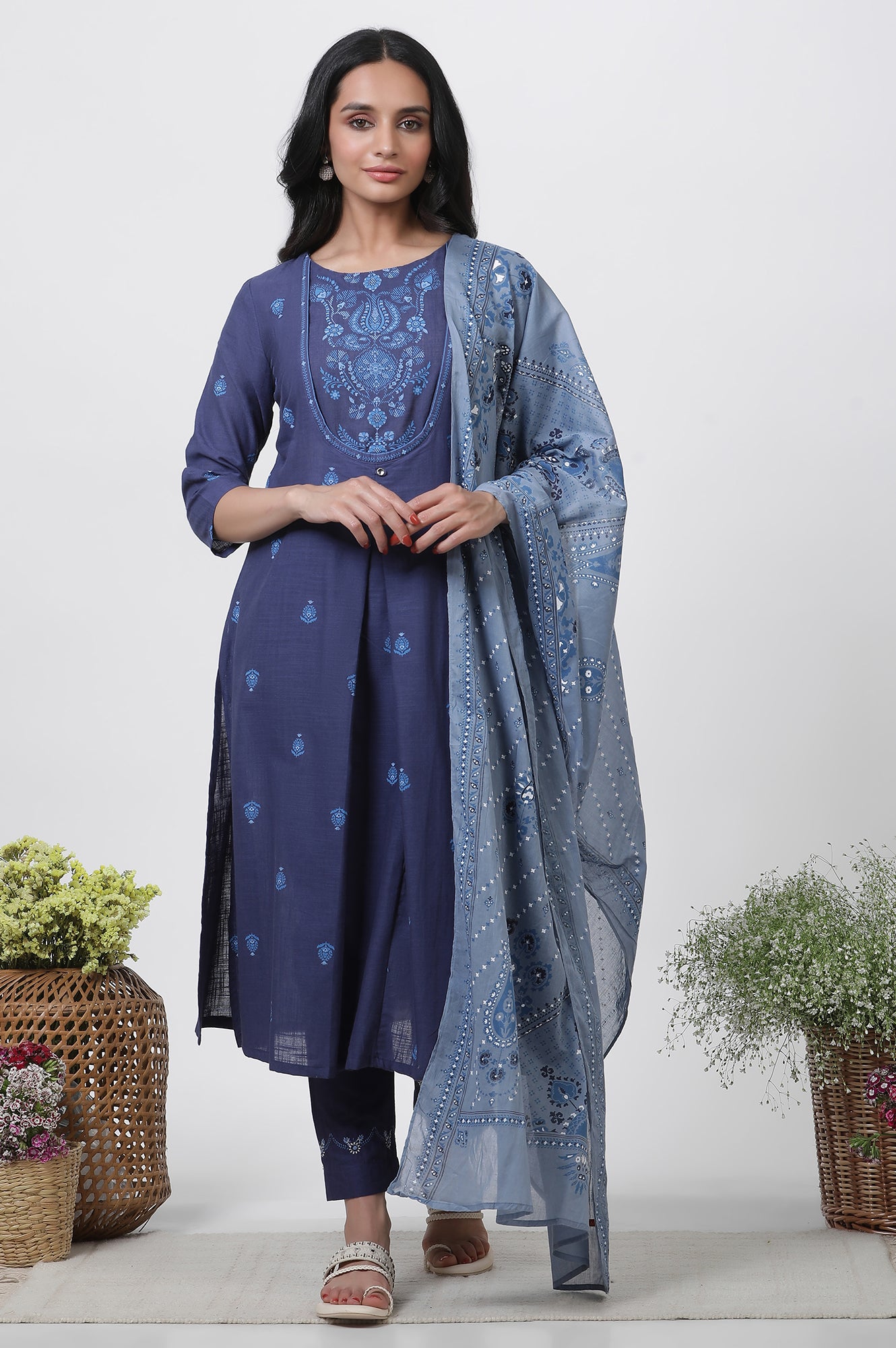 Blue Printed Cotton Kurta, Pants And Dupatta Set