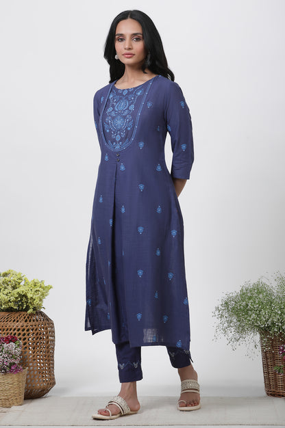 Blue Printed Cotton Kurta, Pants And Dupatta Set