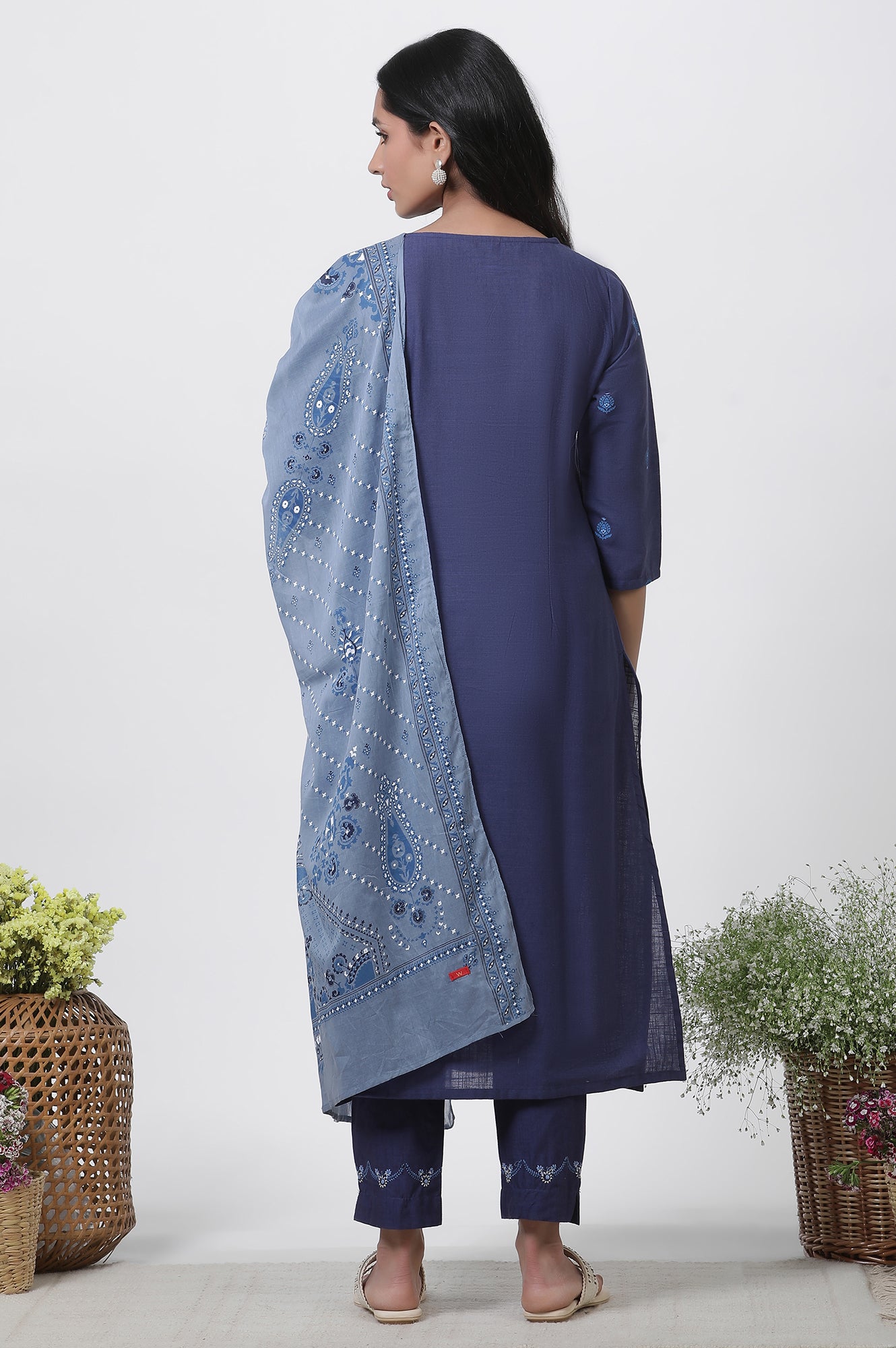 Blue Printed Cotton Kurta, Pants And Dupatta Set