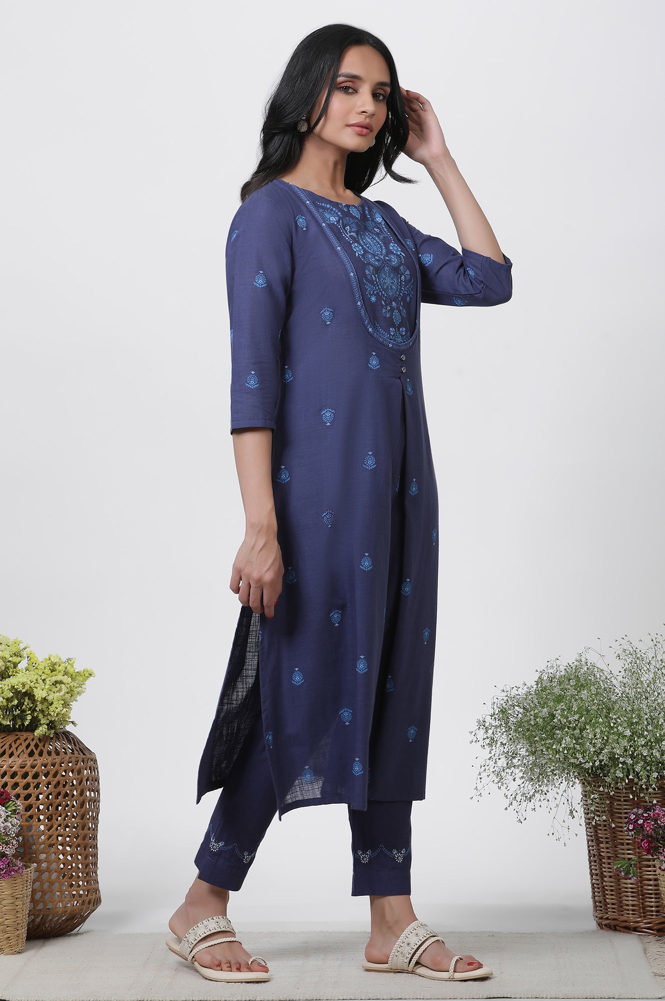 Blue Printed Cotton Kurta, Pants And Dupatta Set