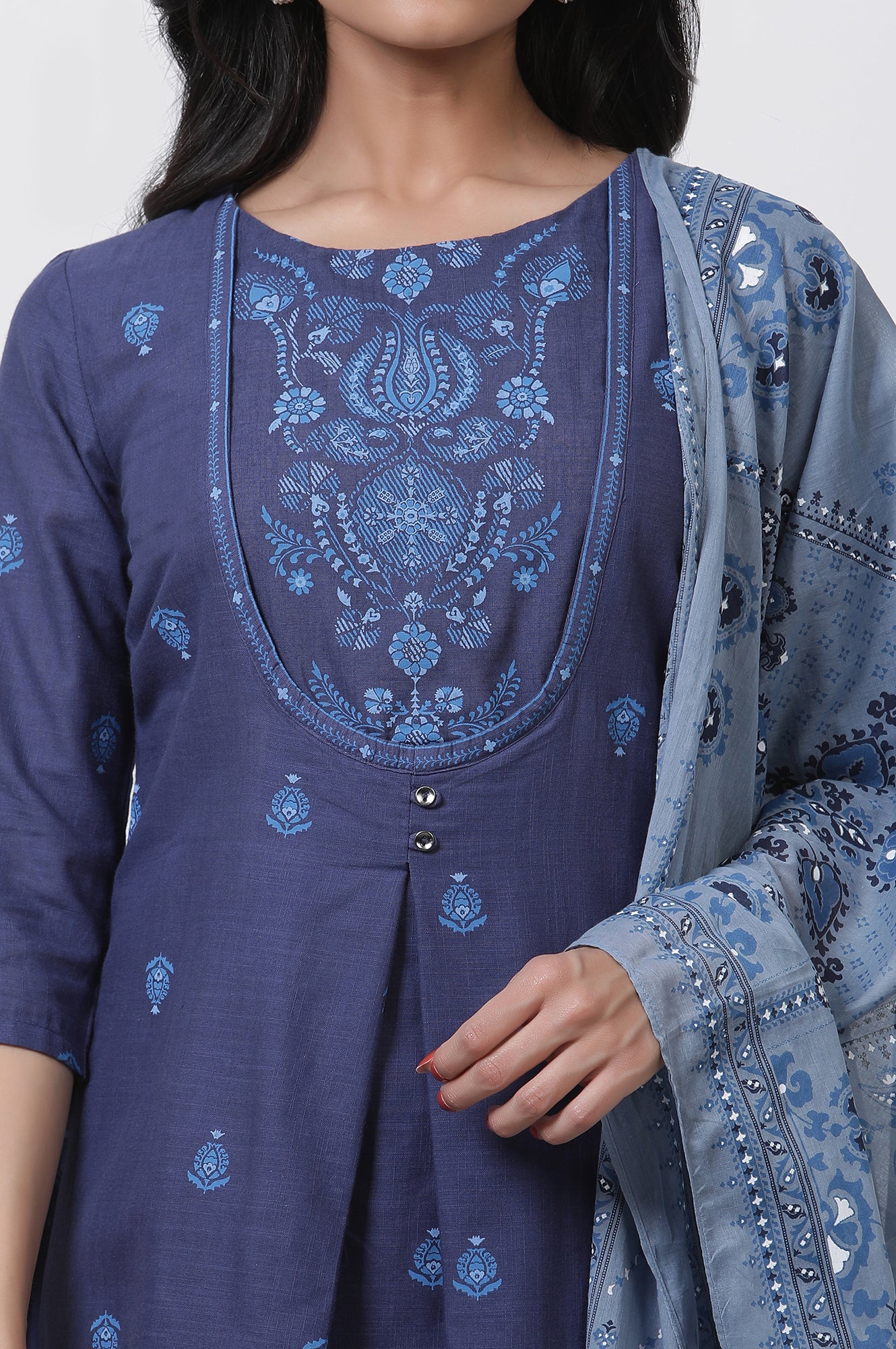 Blue Printed Cotton Kurta, Pants And Dupatta Set