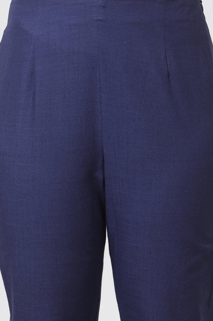 Blue Printed Cotton Kurta, Pants And Dupatta Set