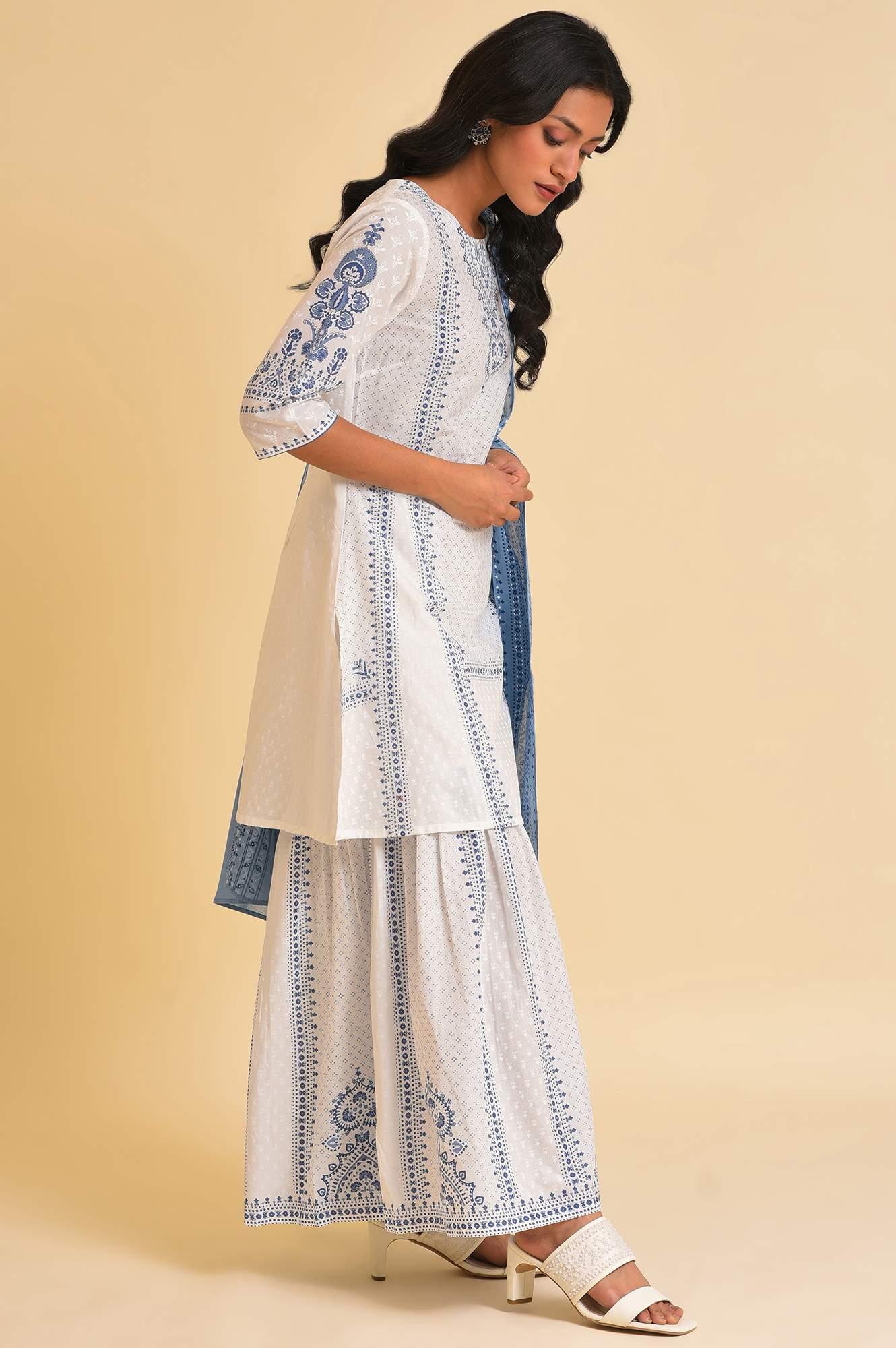 White Printed A-Line Short kurta, Sharara &amp; Dupatta Set - wforwoman