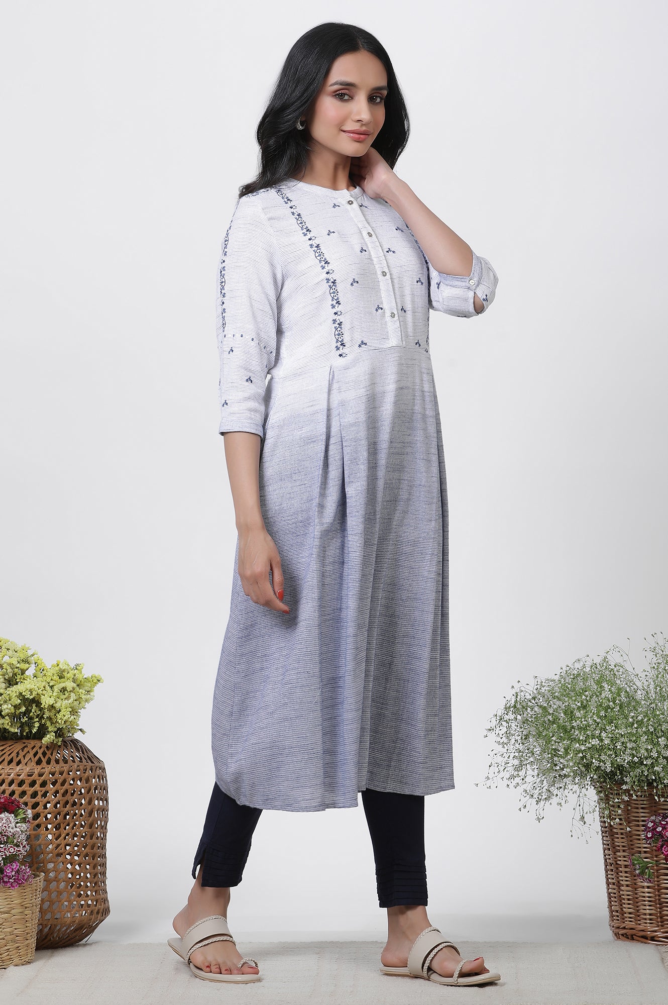 Grey &amp; Blue Ombre A-Line Kurta And Pants Set