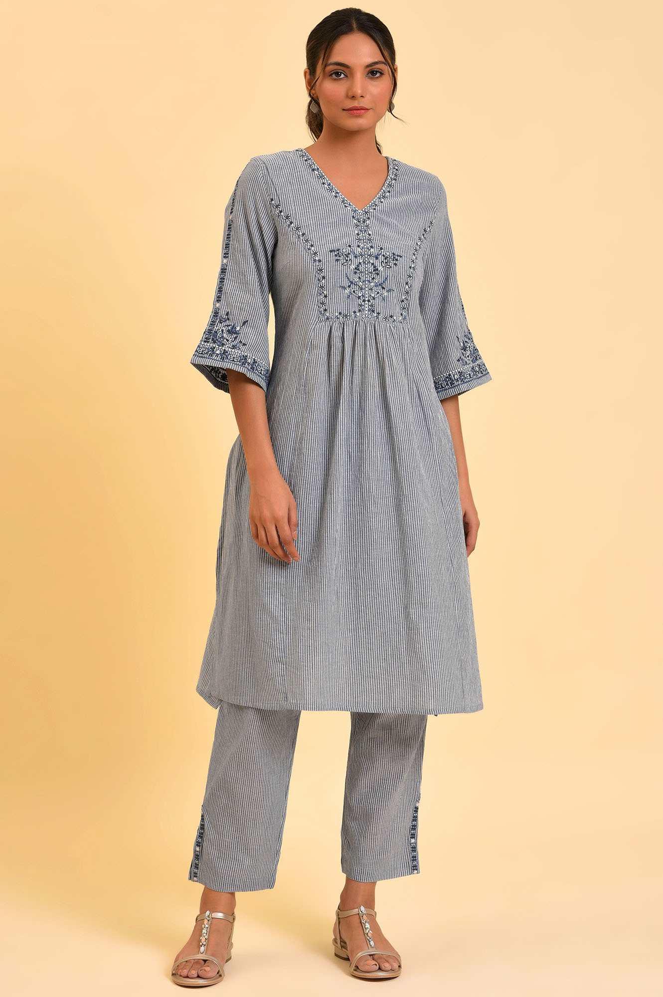 Blue Embroidered kurta &amp; Pants Co-Ord Set - wforwoman