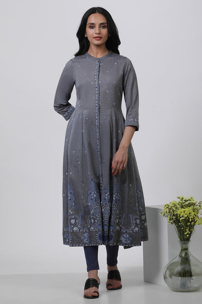 Grey Printed Flared Kurta And Tights Set