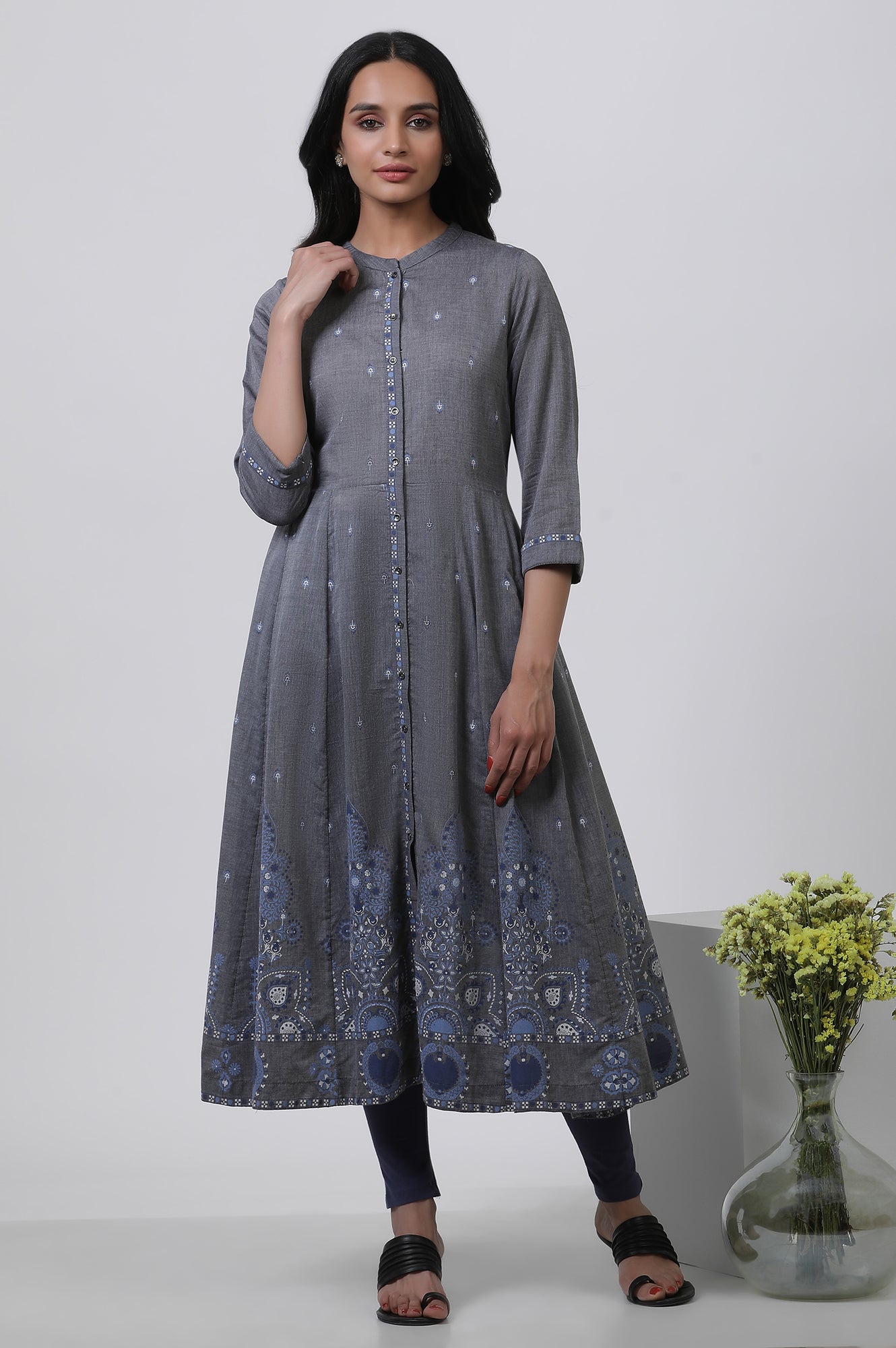 Grey Printed Flared Kurta And Tights Set