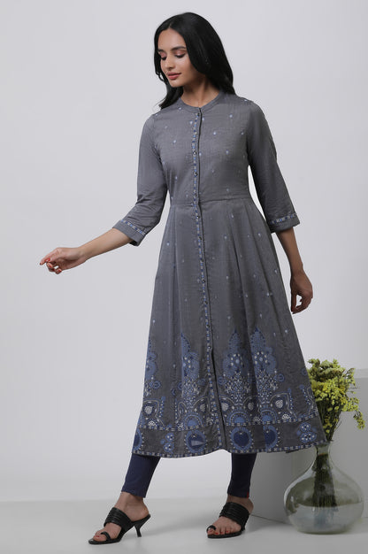 Grey Printed Flared Kurta And Tights Set