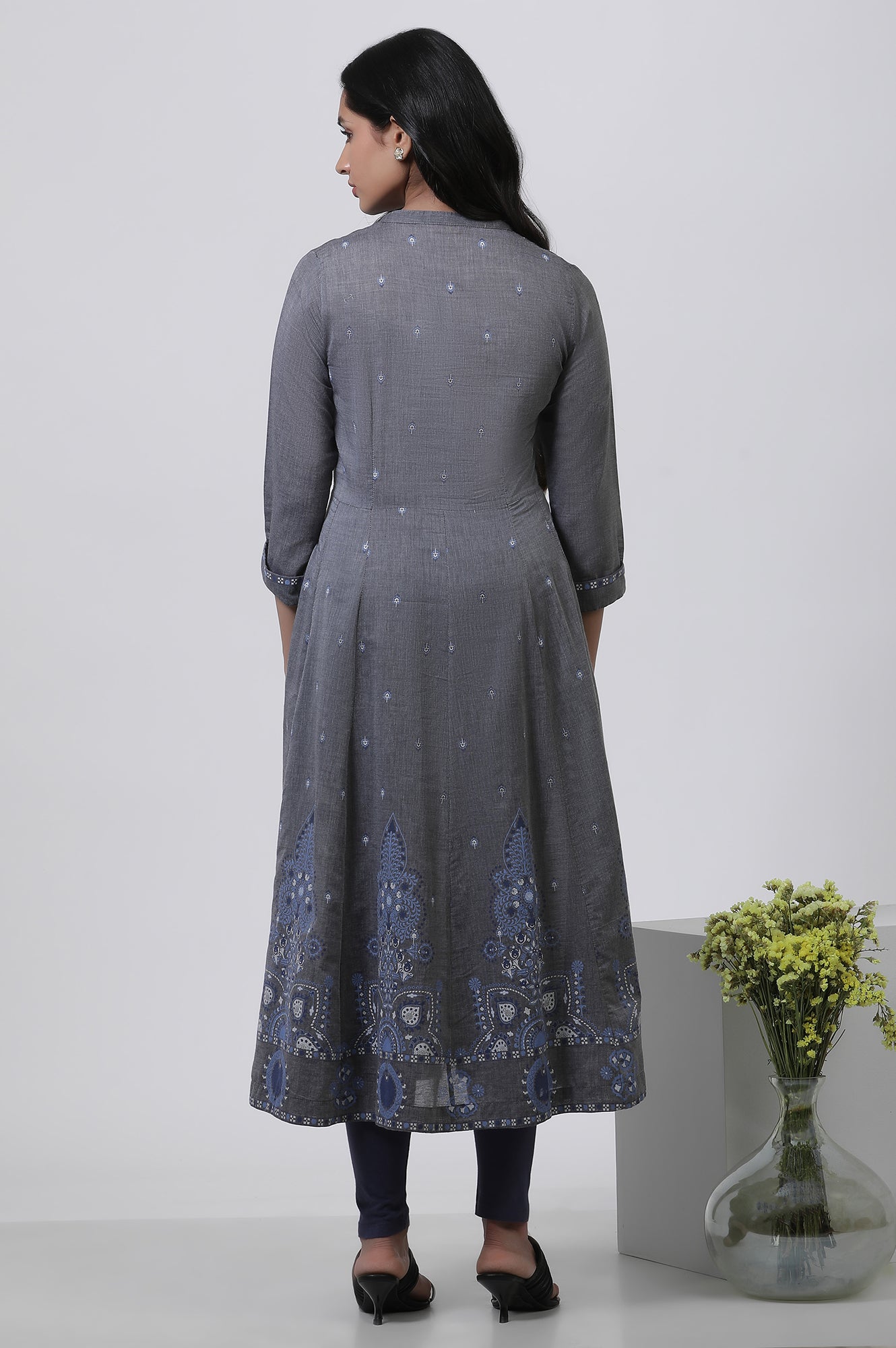 Grey Printed Flared Kurta And Tights Set