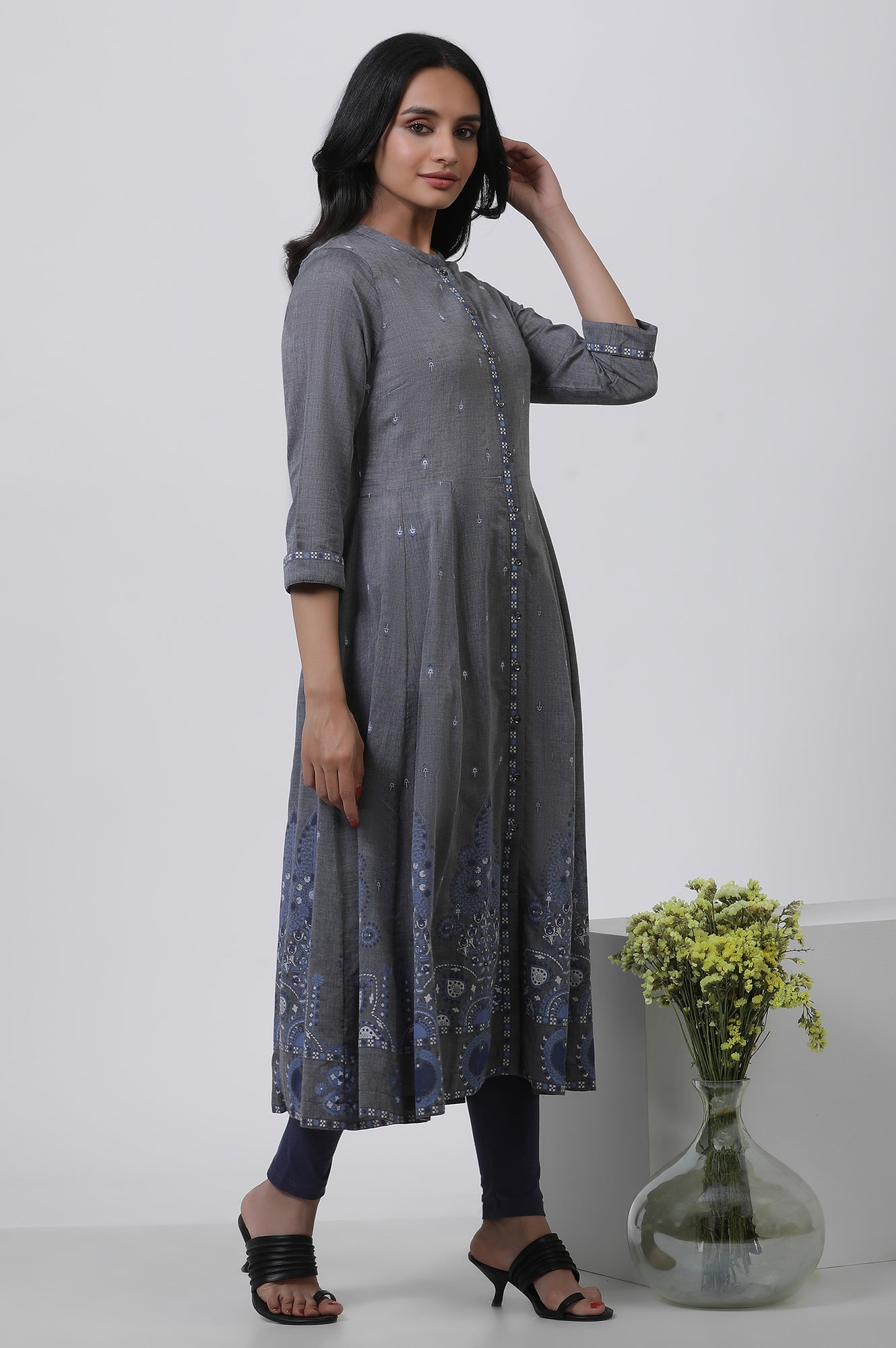 Grey Printed Flared Kurta And Tights Set