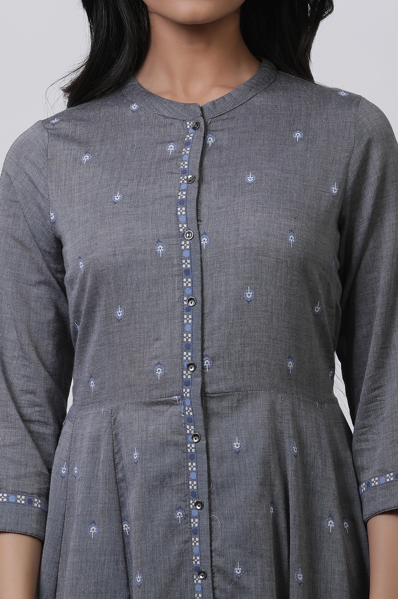 Grey Printed Flared Kurta And Tights Set