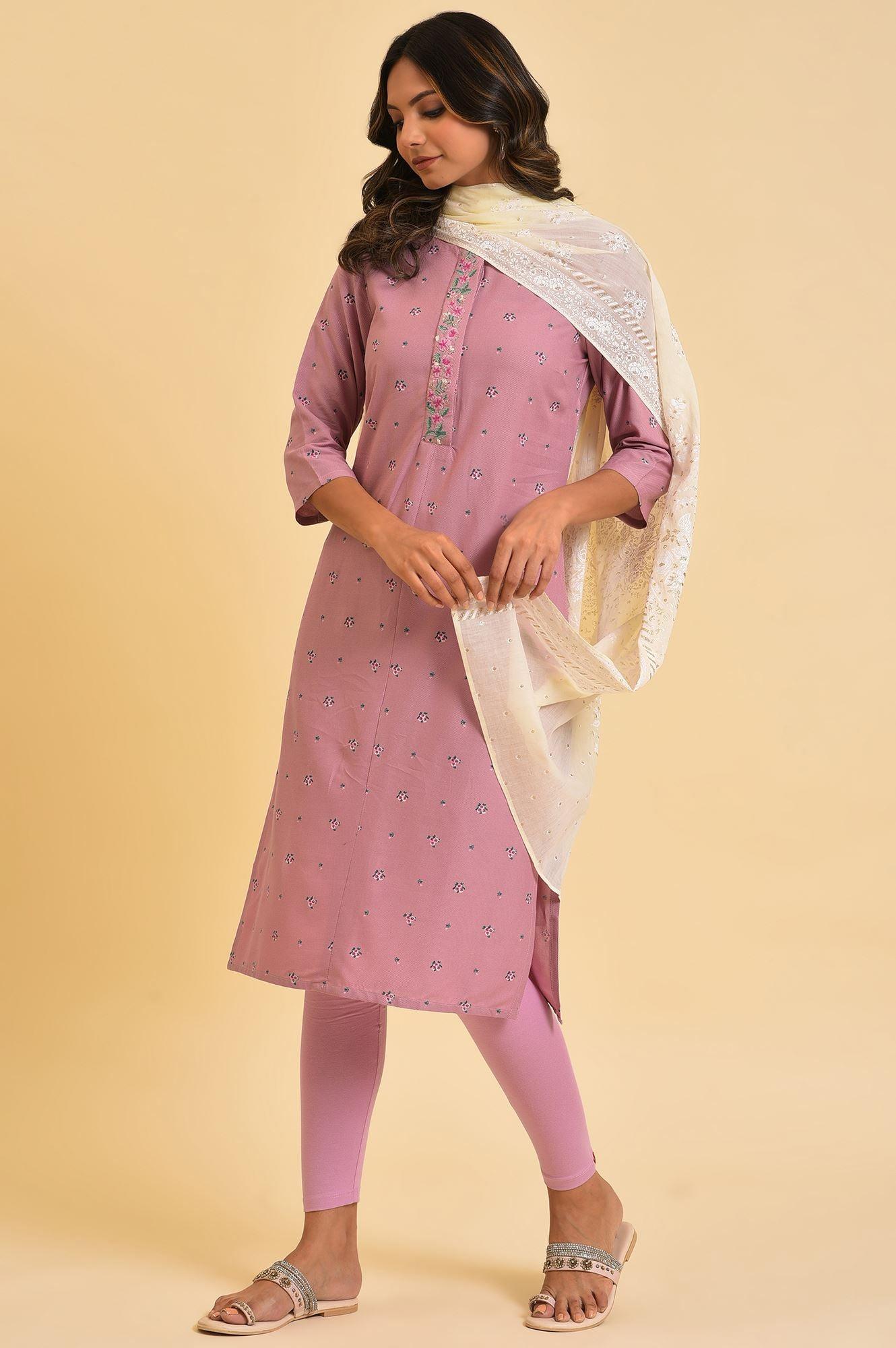 Light Purple Printed kurta, Tights &amp; Dupatta Set - wforwoman