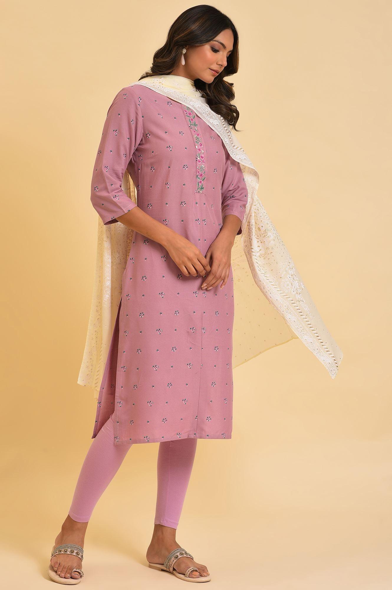 Light Purple Printed kurta, Tights &amp; Dupatta Set - wforwoman