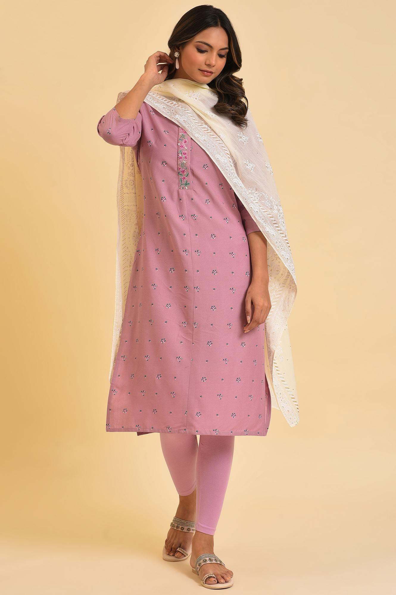 Light Purple Printed kurta, Tights &amp; Dupatta Set - wforwoman