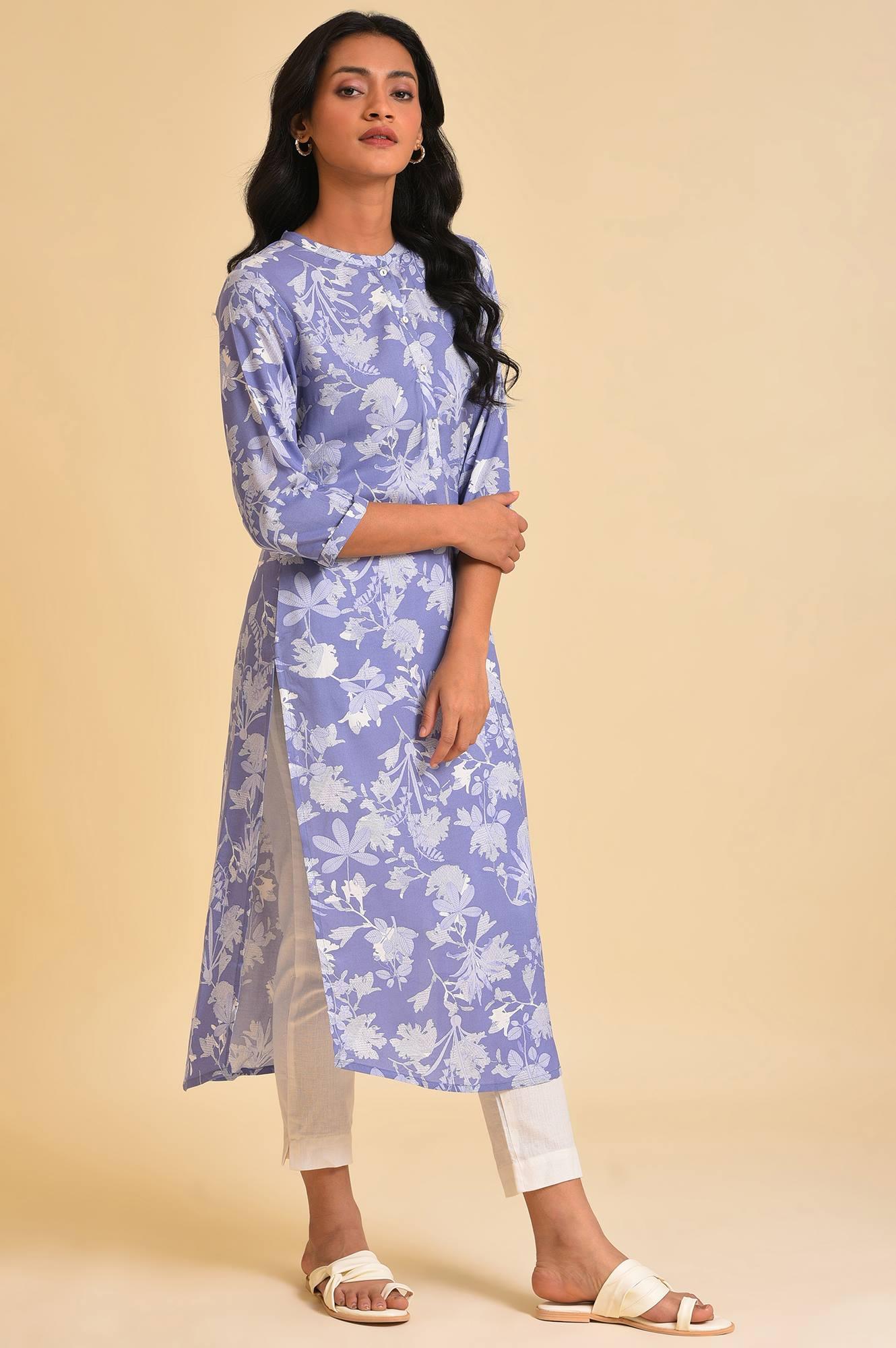 Blue Floral Printed kurta &amp; Pants Set - wforwoman