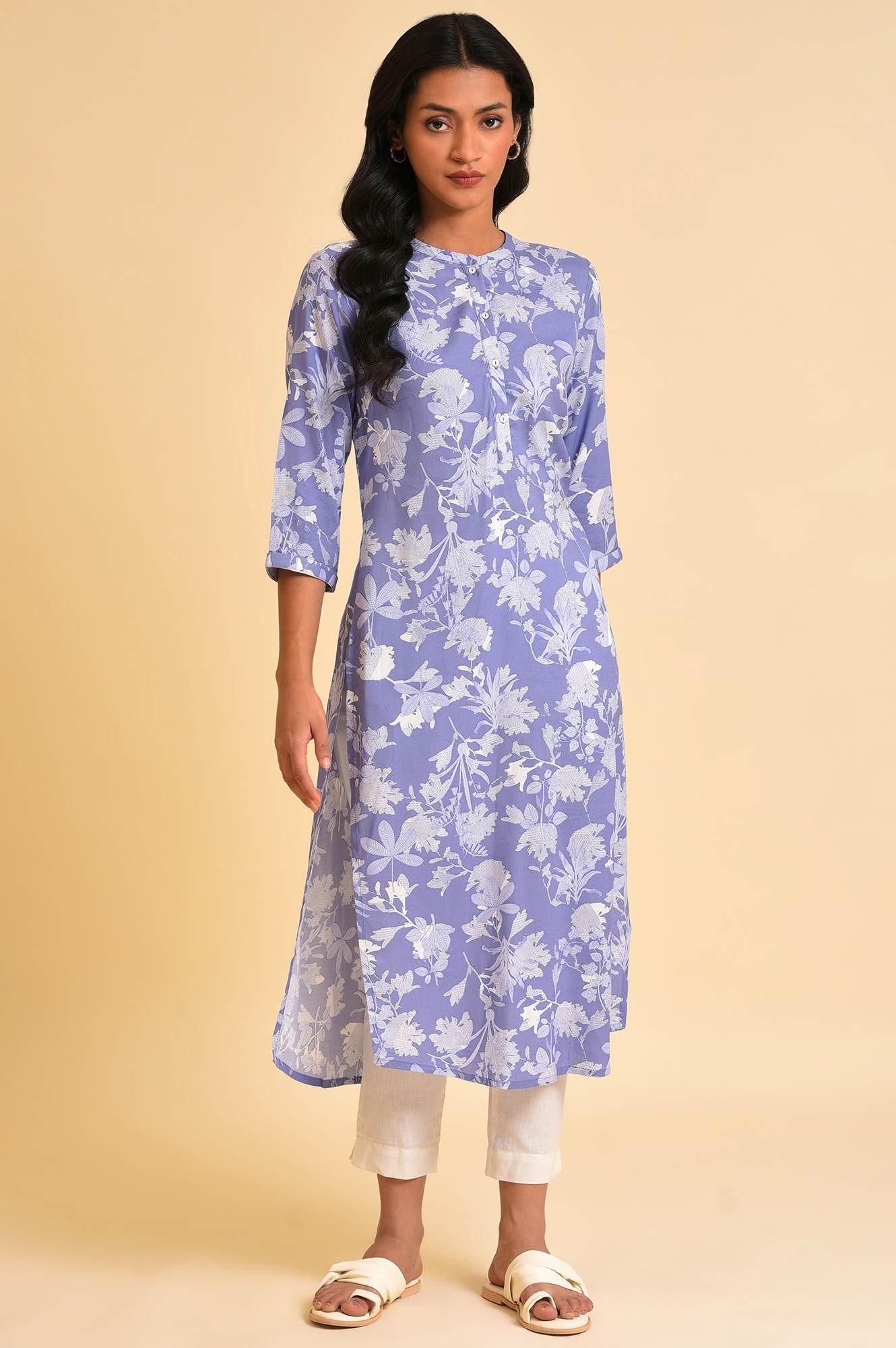 Blue Floral Printed kurta &amp; Pants Set - wforwoman