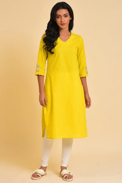 Yellow Dobby Textured Kurta And Tights Set