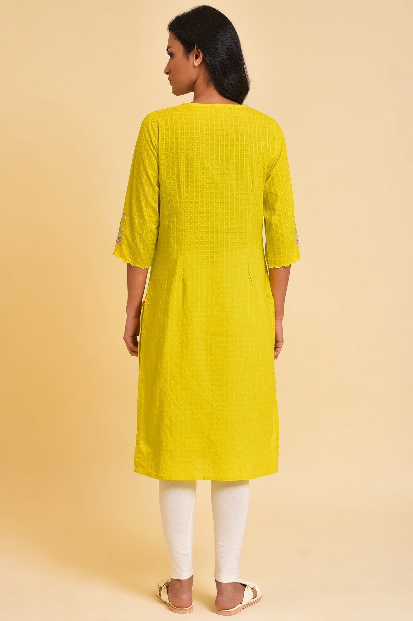 Yellow Dobby Textured Kurta And Tights Set