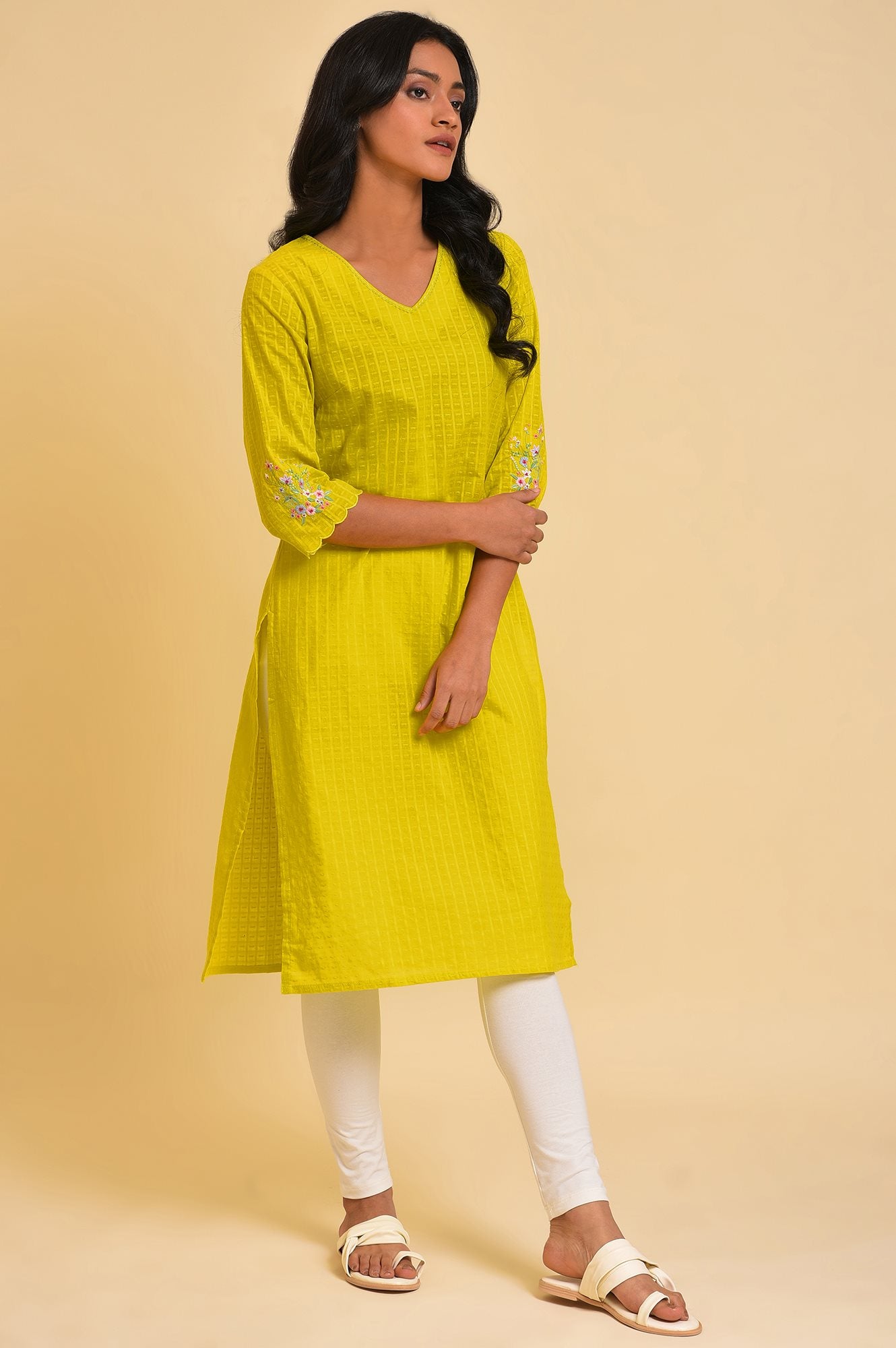 Yellow Dobby Textured Kurta And Tights Set