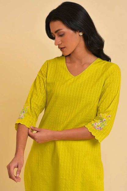 Yellow Dobby Textured Kurta And Tights Set