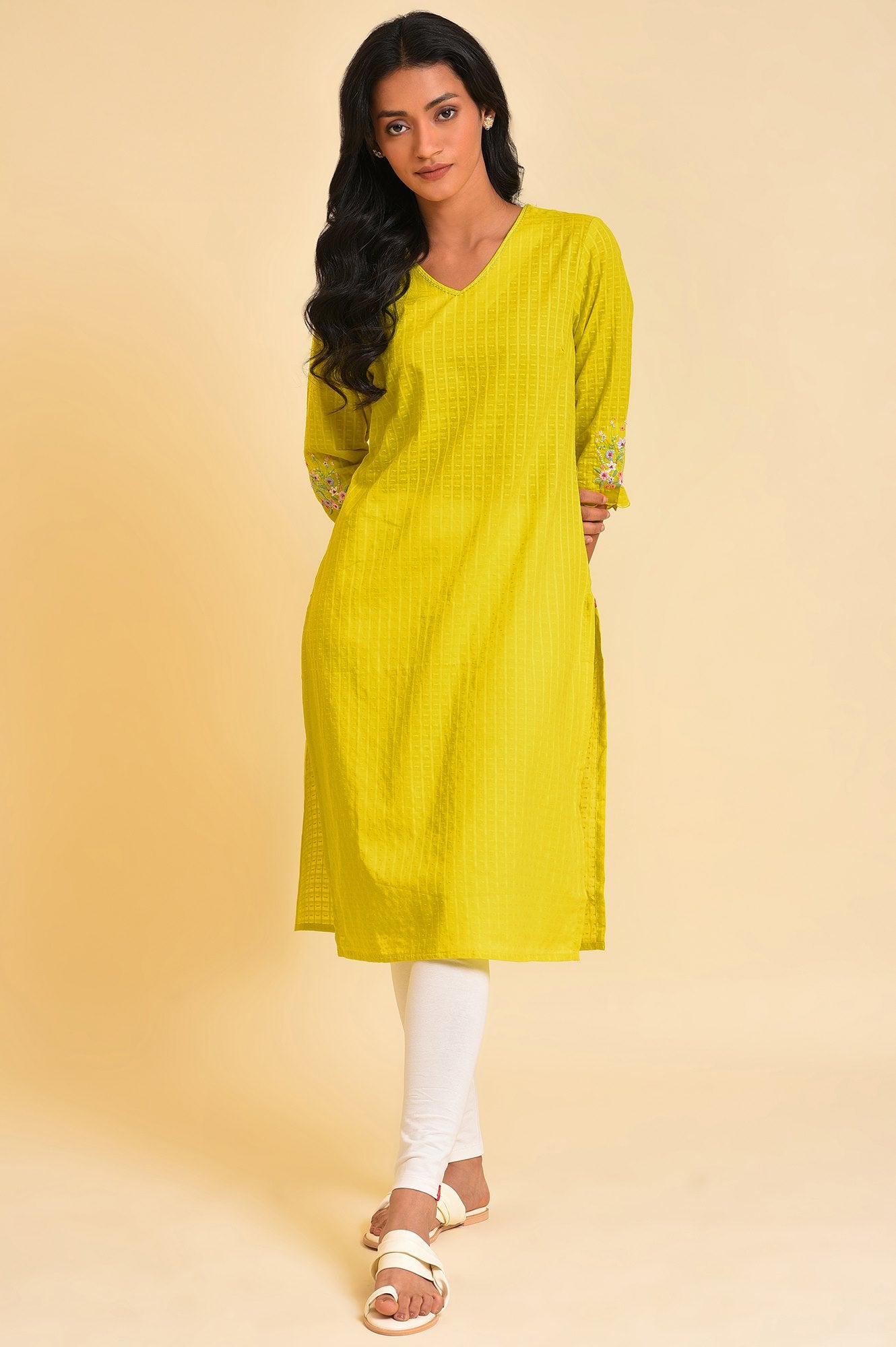 Yellow Dobby Textured Kurta And Tights Set