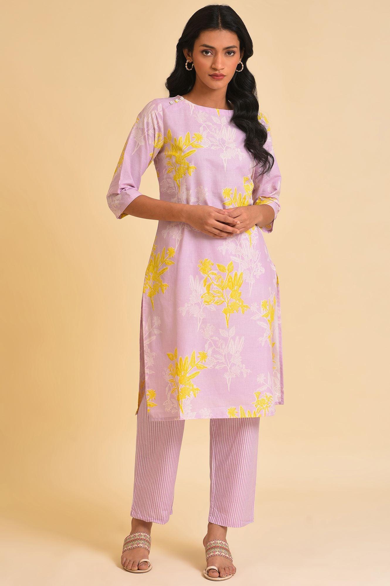 Light Purple Floral Print kurta &amp; Pants Set - wforwoman