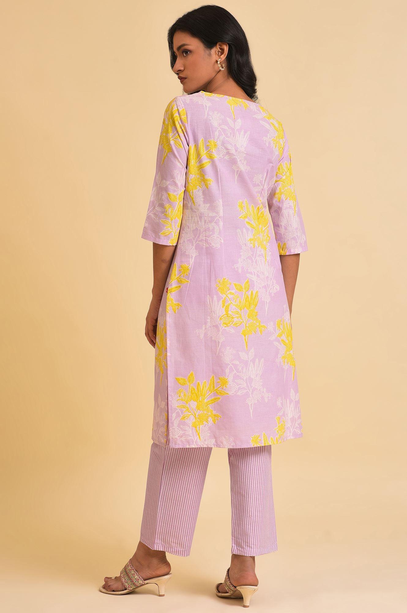 Light Purple Floral Print kurta &amp; Pants Set - wforwoman