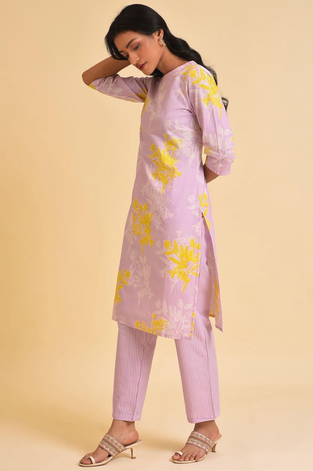 Light Purple Floral Print kurta &amp; Pants Set - wforwoman