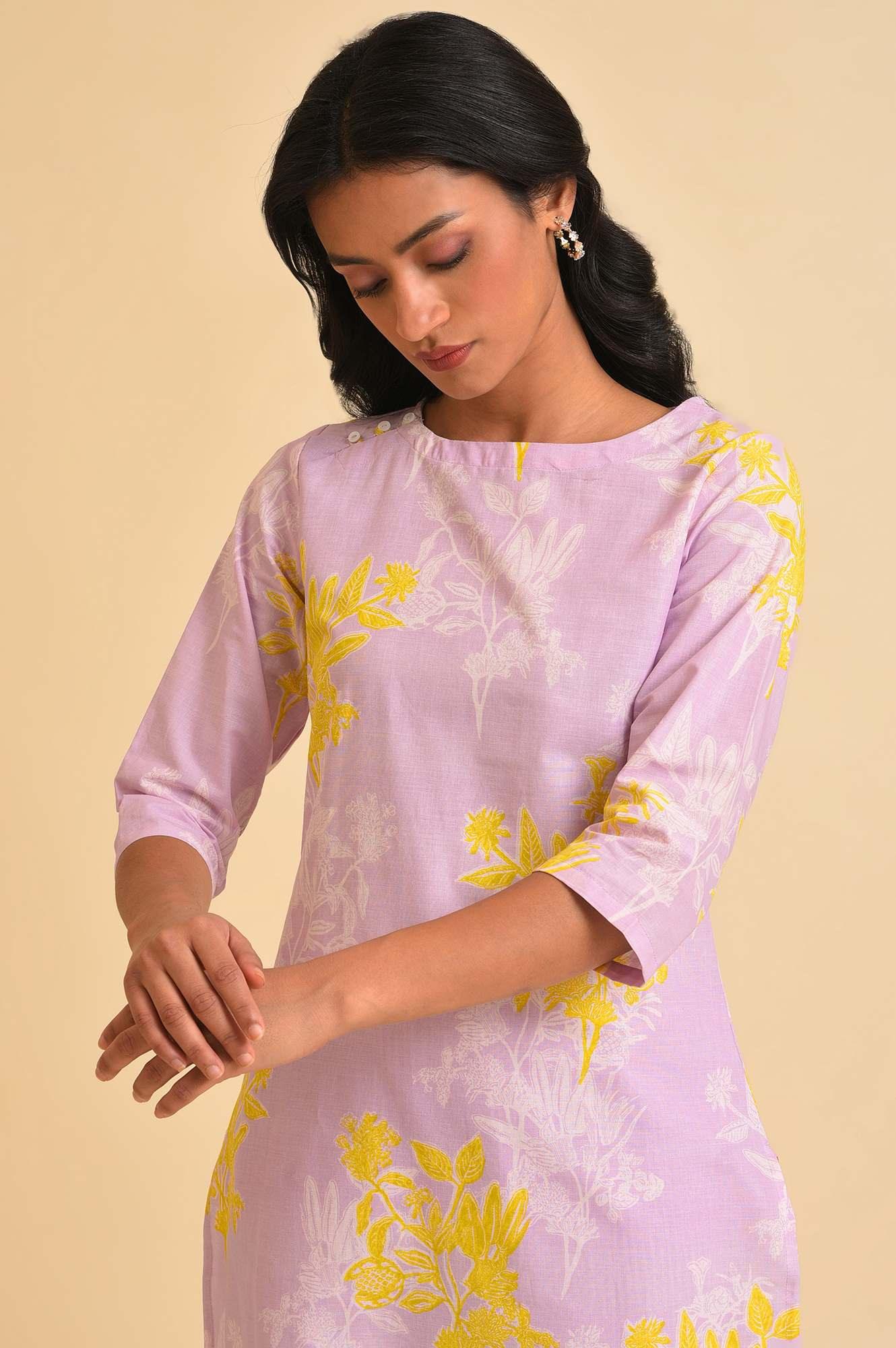 Light Purple Floral Print kurta &amp; Pants Set - wforwoman