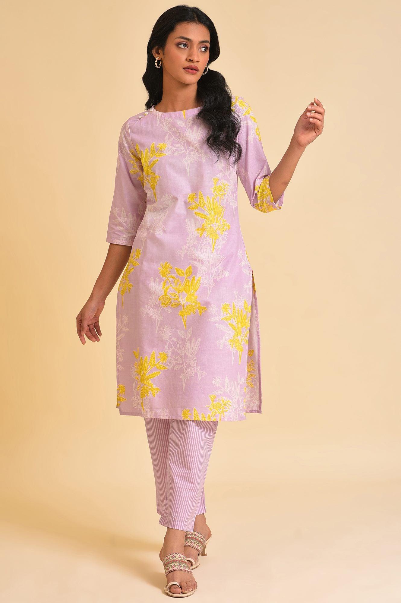 Light Purple Floral Print kurta &amp; Pants Set - wforwoman