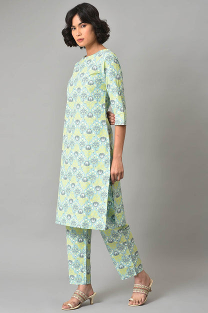 Light Green Printed kurta And Pants Co-Ord Set - wforwoman
