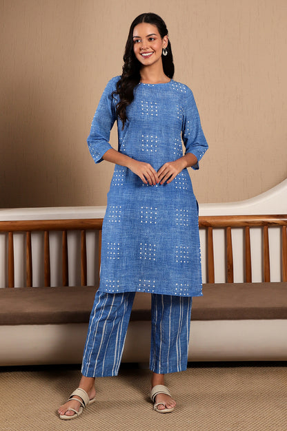 Blue Polka Dot Printed Pure Cotton Straight Kurta and Pants Co-ord Set