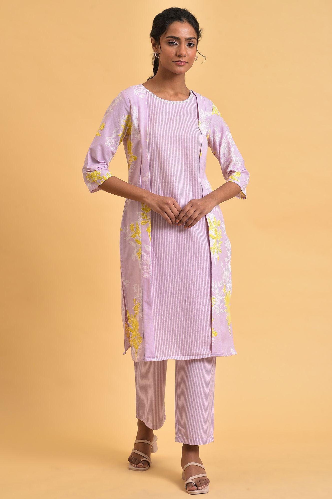 Light Purple Floral Print kurta Co-Ord Set - wforwoman