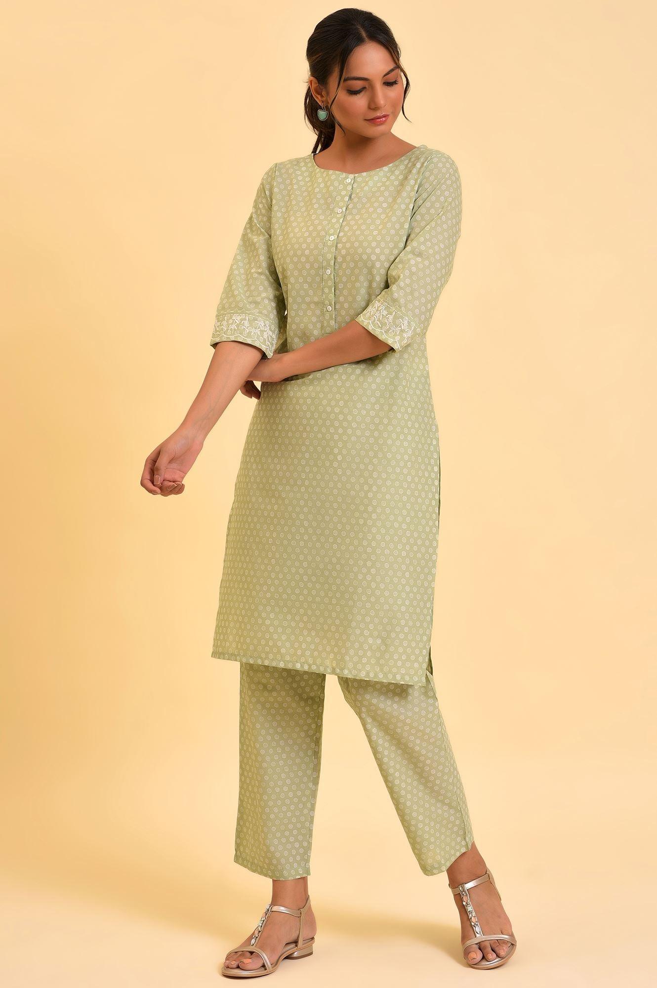 Light Green Printed kurta &amp; Pants Co-Ord Set - wforwoman