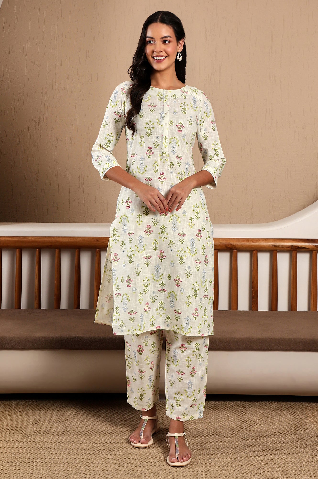 White Floral Printed Pure Cotton Straight Kurta and Pants Co-ord Set