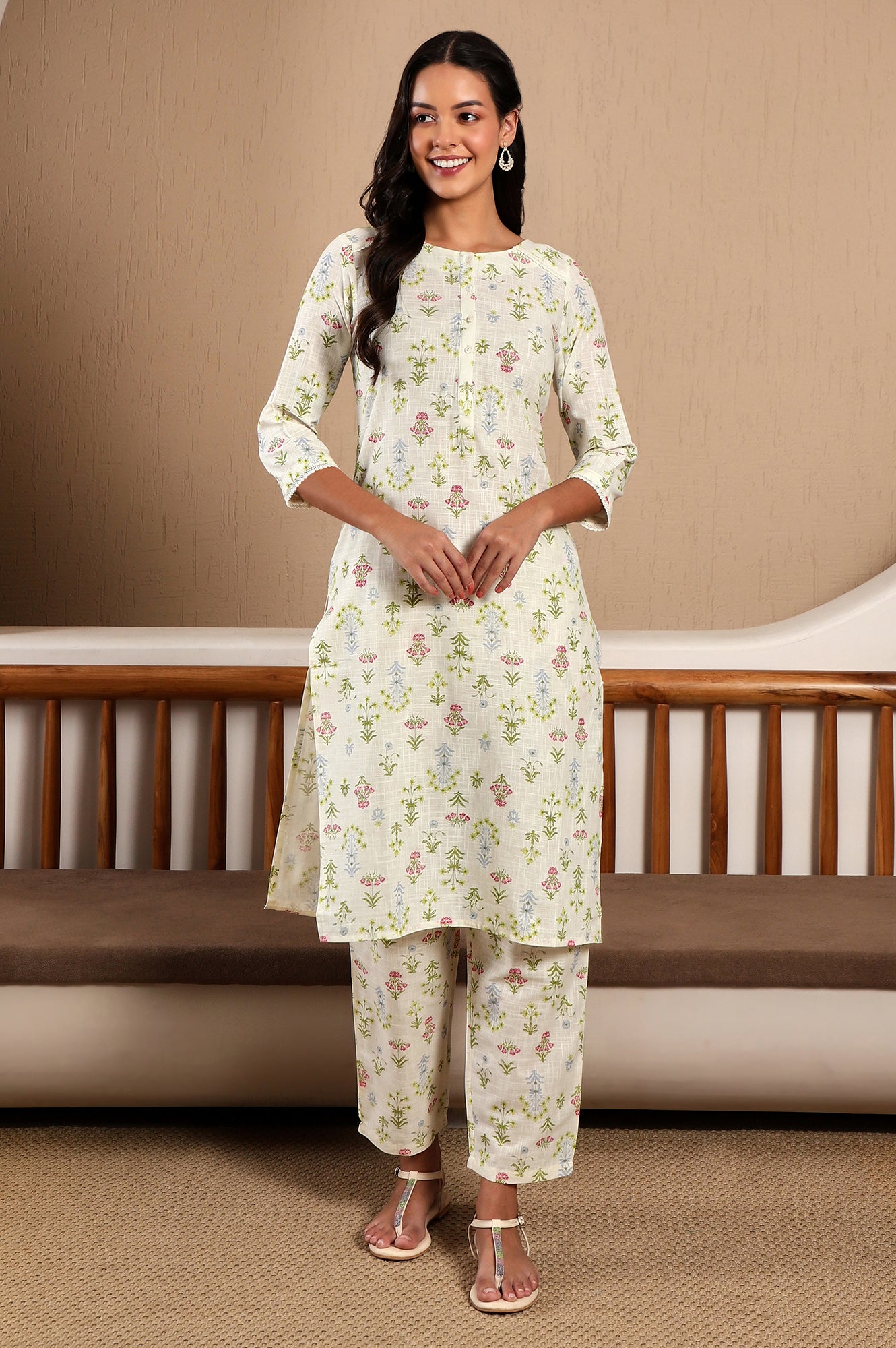 Buy White Floral Printed Pure Cotton Straight Kurta and Pants Co