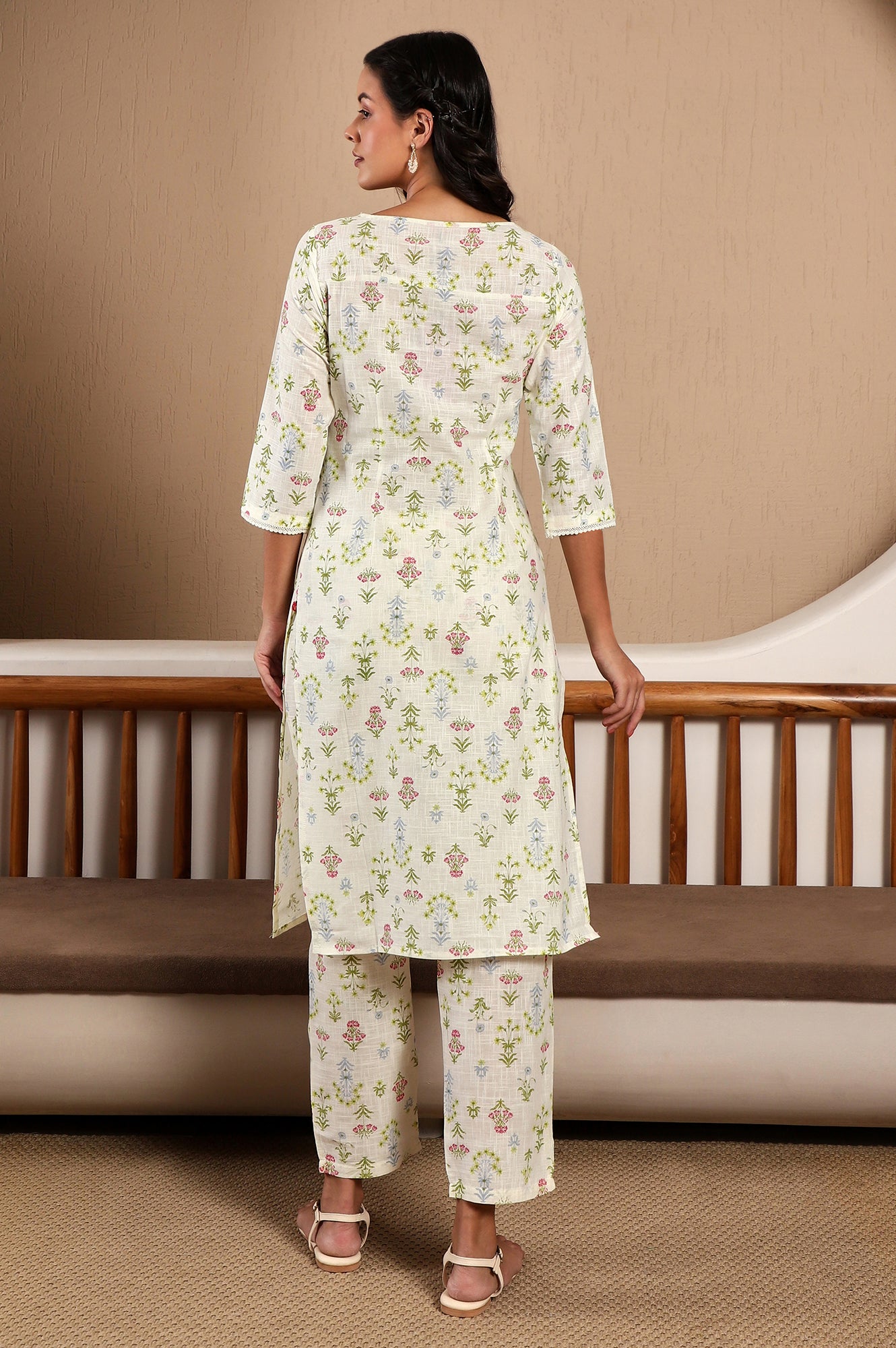 White Floral Printed Pure Cotton Straight Kurta and Pants Co-ord Set