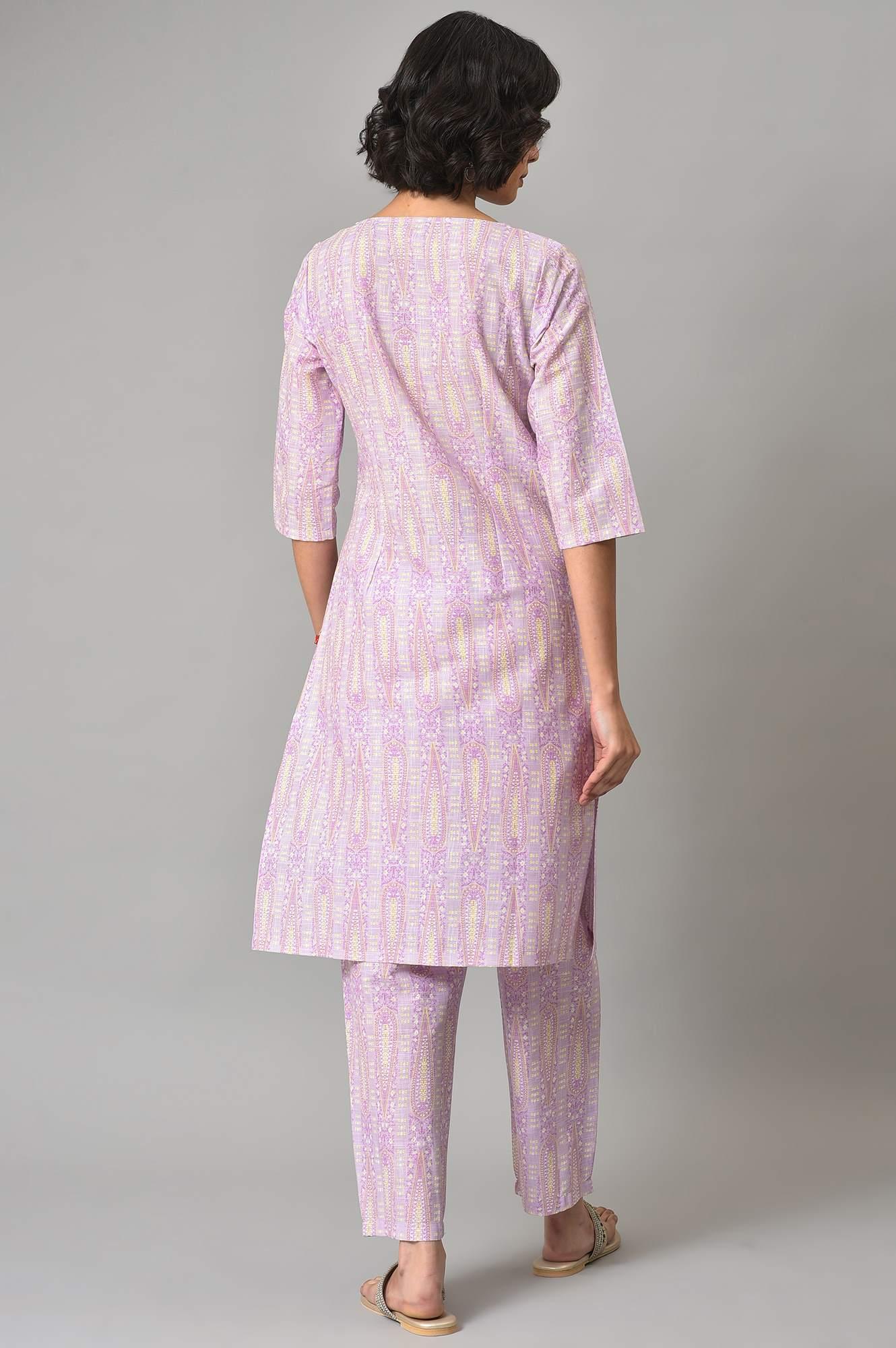 Purple Paisley Printed kurta And Pants Co-Ord Set - wforwoman