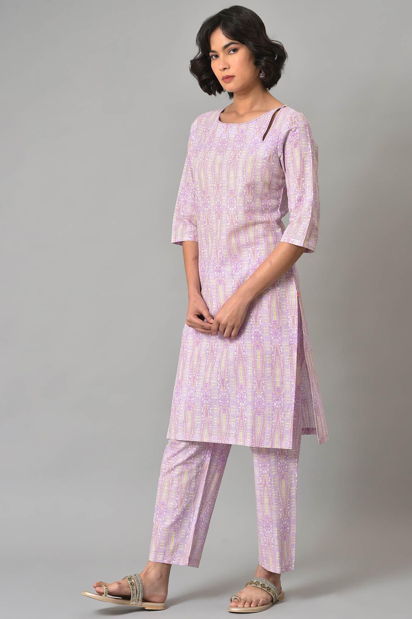 Purple Paisley Printed kurta And Pants Co-Ord Set - wforwoman