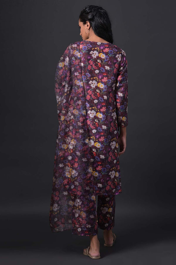 Dark Red Floral Print kurta With Straight Pants And Organza Dupatta