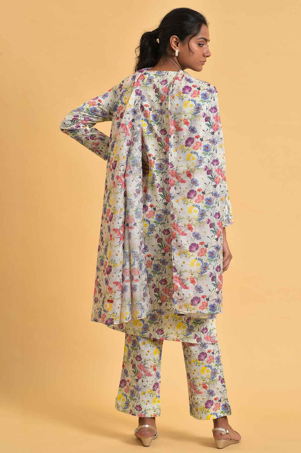 Ecru Floral Print-On-Print kurta Set