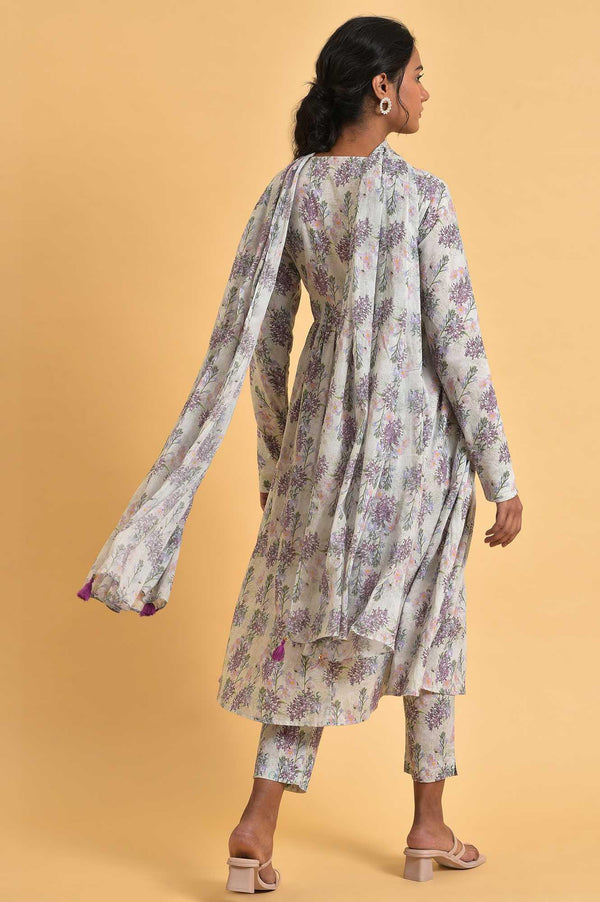 Ecru Floral Printed Cotton kurta Set