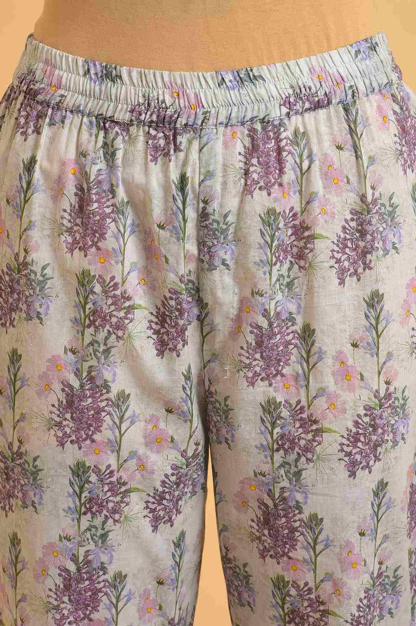 Ecru Floral Printed Cotton kurta Set - wforwoman