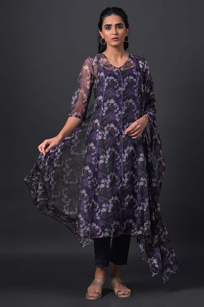 Purple Floral Printed kurta With Solid Slip, Slim Pants And Dupatta - wforwoman